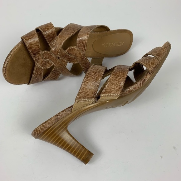 New Aerosole Carmel Snakeskin Heeled Sandals 3.5” Wood Heel Comfortable Size 10 - Picture 3 of 9